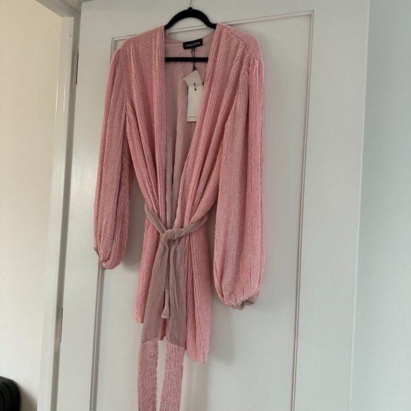Retrofete Gabrielle Sequin Robe Wrap Mini Dress Sz XS Dusty Rose Blouson Sleeves - Picture 5 of 15